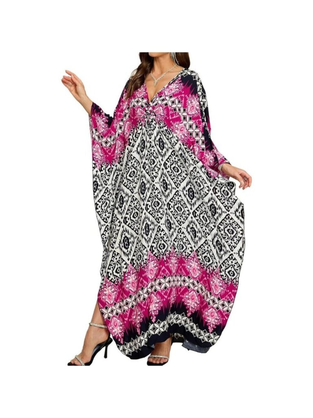 Women's White Rose Diamond V-Neck Batwing Sleeves Summer Cover Up Kaftan Dress